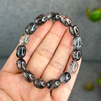 Natural Black Rutilated Quartz Lu Thong Bracelet Size 9.5-9.8 mm