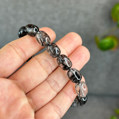 Natural Black Rutilated Quartz Lu Thong Bracelet Size 9.5-9.8 mm