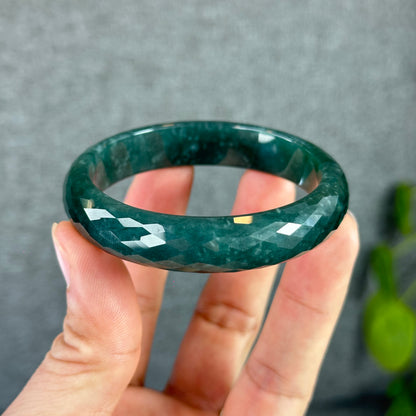 Natural Water Green Semi-Translucent Faceted Natural Jadeite Jade Bangle Leaf Style Size 55 mm