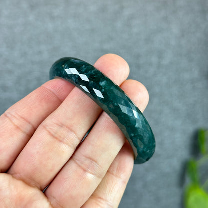 Natural Water Green Semi-Translucent Faceted Natural Jadeite Jade Bangle Leaf Style Size 55 mm