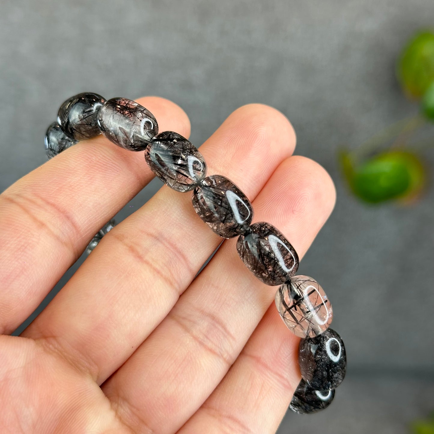 Natural Black Rutilated Quartz Lu Thong Bracelet Size 9.5-9.8 mm