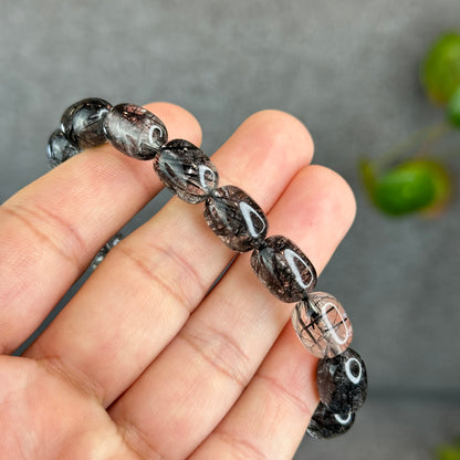 Natural Black Rutilated Quartz Lu Thong Bracelet Size 9.5-9.8 mm