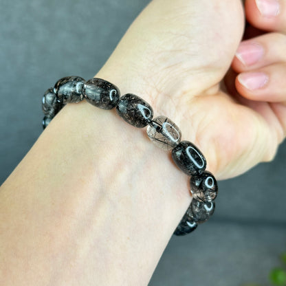 Natural Black Rutilated Quartz Lu Thong Bracelet Size 9.5-9.8 mm