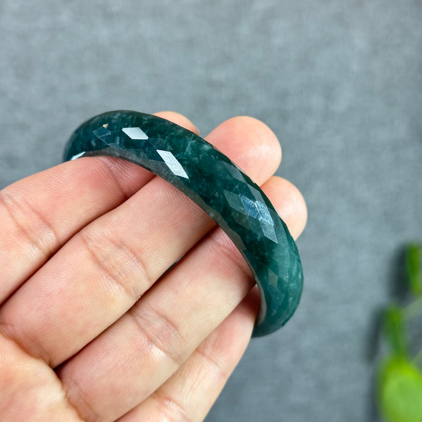 Natural Water Green Semi-Translucent Faceted Natural Jadeite Jade Bangle Leaf Style Size 55 mm