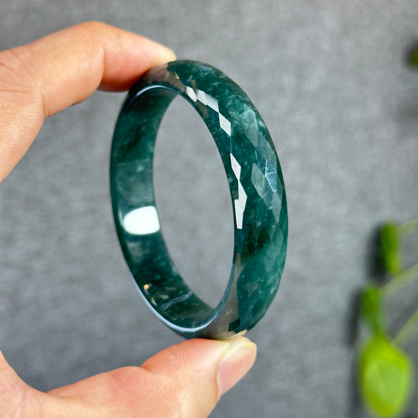Natural Water Green Semi-Translucent Faceted Natural Jadeite Jade Bangle Leaf Style Size 55 mm