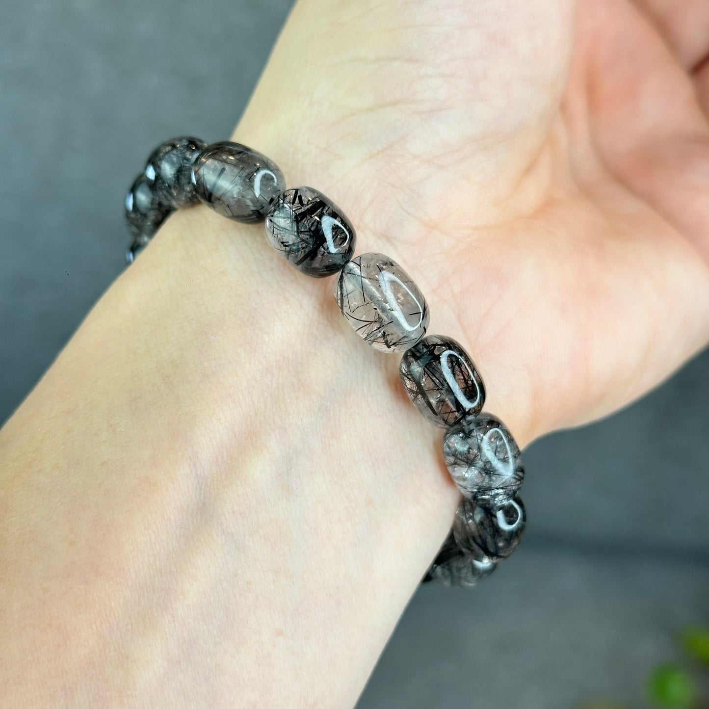 Natural Black Rutilated Quartz Lu Thong Bracelet Size 9.5-9.8 mm