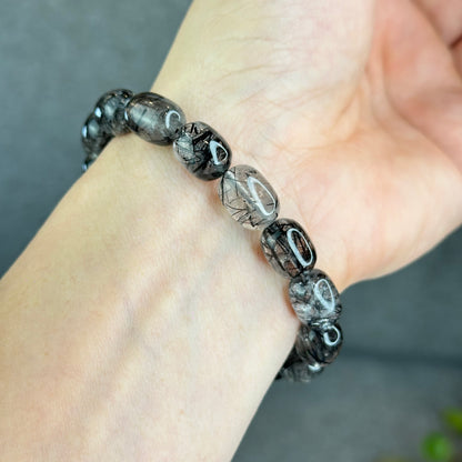 Natural Black Rutilated Quartz Lu Thong Bracelet Size 9.5-9.8 mm