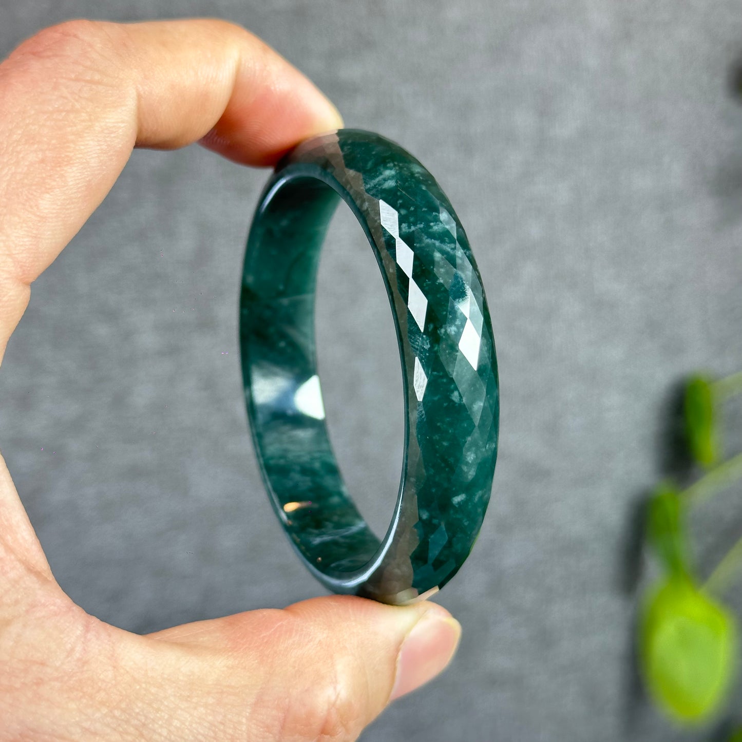 Natural Water Green Semi-Translucent Faceted Natural Jadeite Jade Bangle Leaf Style Size 55 mm
