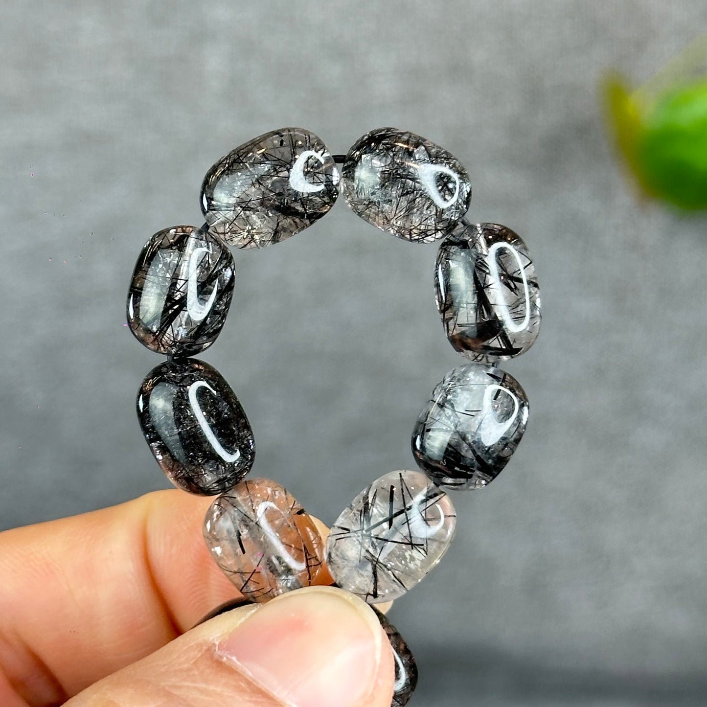 Natural Black Rutilated Quartz Lu Thong Bracelet Size 9.5-9.8 mm