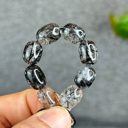Natural Black Rutilated Quartz Lu Thong Bracelet Size 9.5-9.8 mm