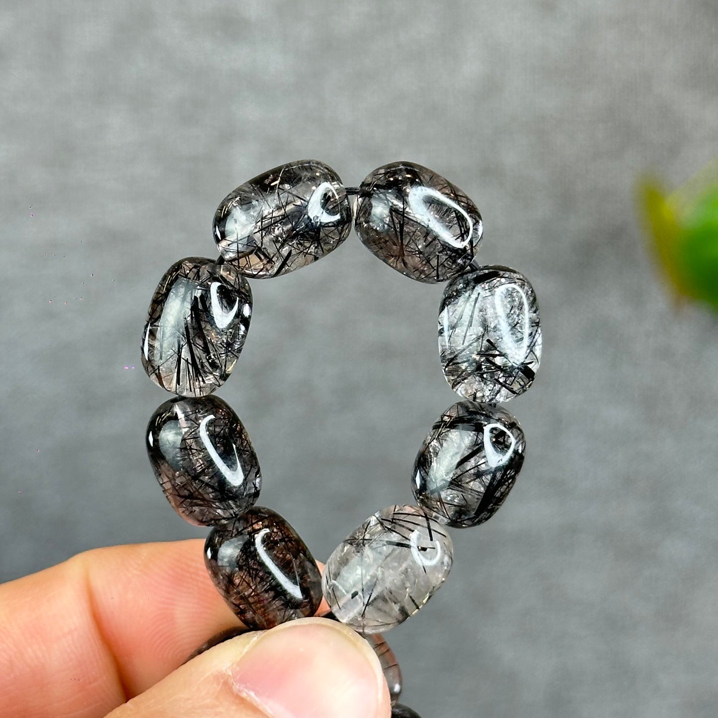 Natural Black Rutilated Quartz Lu Thong Bracelet Size 9.5-9.8 mm