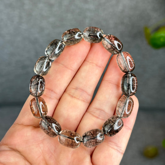 Natural Black Rutilated Quartz Lu Thong Bracelet Size 10.3-10.5 mm