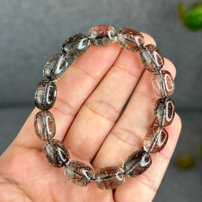 Natural Black Rutilated Quartz Lu Thong Bracelet Size 10.3-10.5 mm