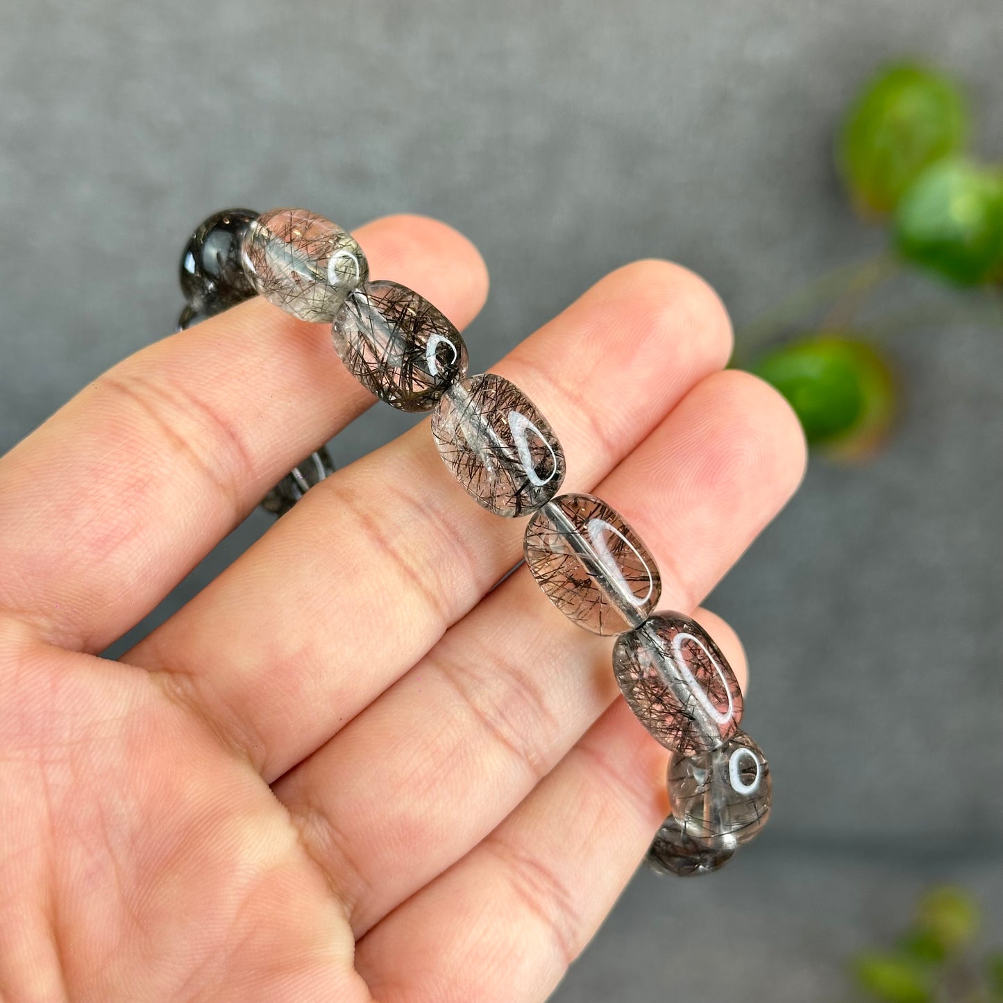 Natural Black Rutilated Quartz Lu Thong Bracelet Size 10.3-10.5 mm