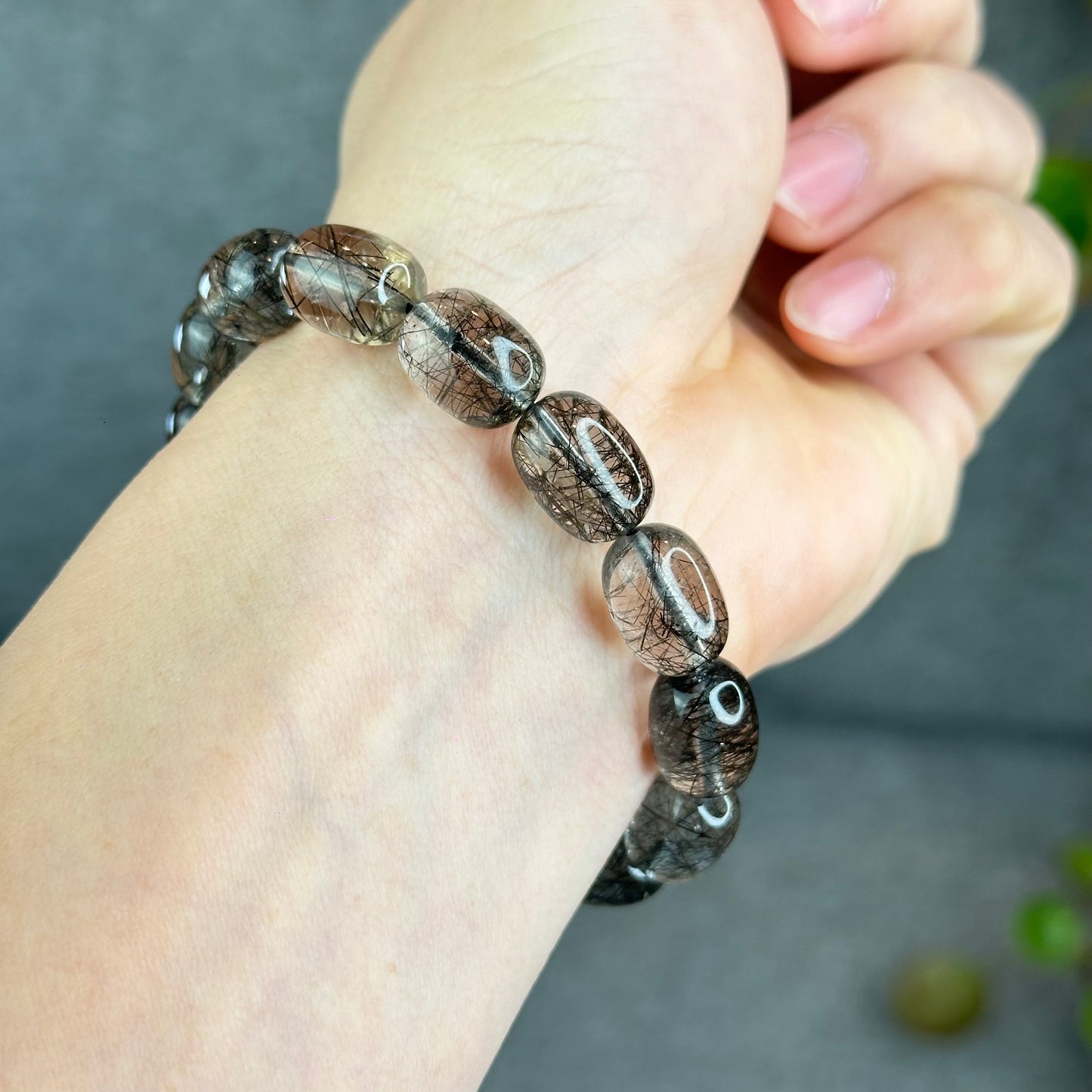Natural Black Rutilated Quartz Lu Thong Bracelet Size 10.3-10.5 mm