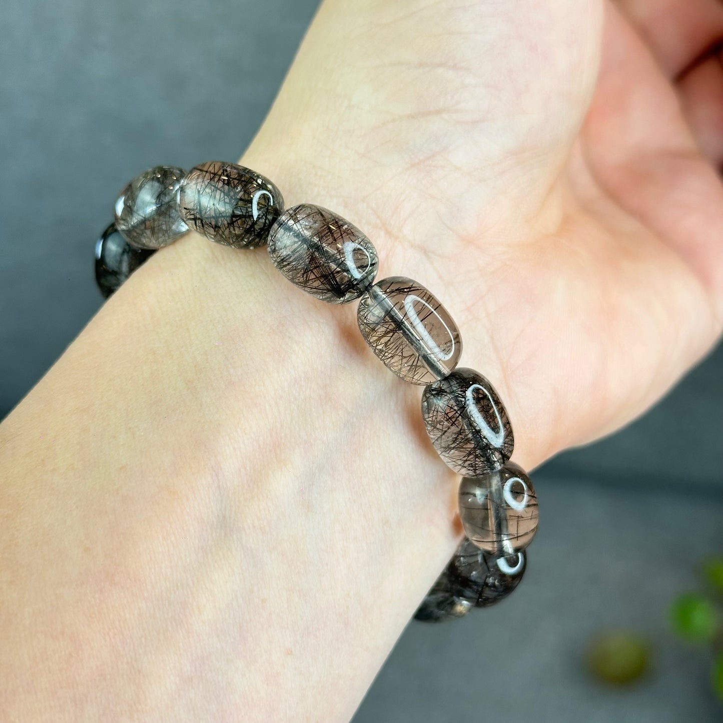 Natural Black Rutilated Quartz Lu Thong Bracelet Size 10.3-10.5 mm