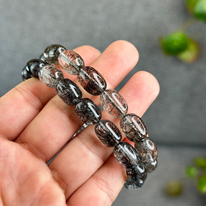 Natural Black Rutilated Quartz Lu Thong Bracelet Size 10.3-10.5 mm