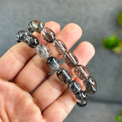 Natural Black Rutilated Quartz Lu Thong Bracelet Size 10.3-10.5 mm