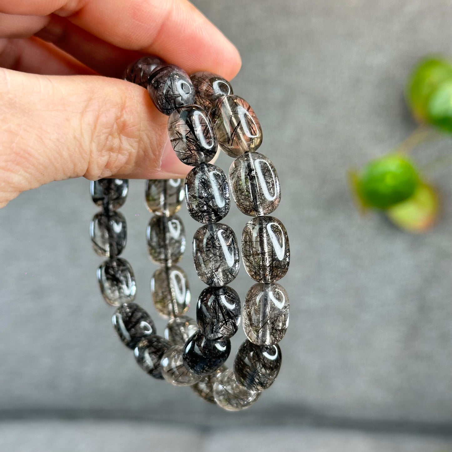 Natural Black Rutilated Quartz Lu Thong Bracelet Size 10.3-10.5 mm