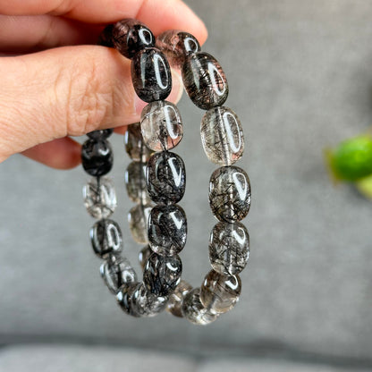 Natural Black Rutilated Quartz Lu Thong Bracelet Size 10.3-10.5 mm