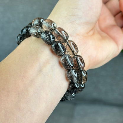 Natural Black Rutilated Quartz Lu Thong Bracelet Size 10.3-10.5 mm