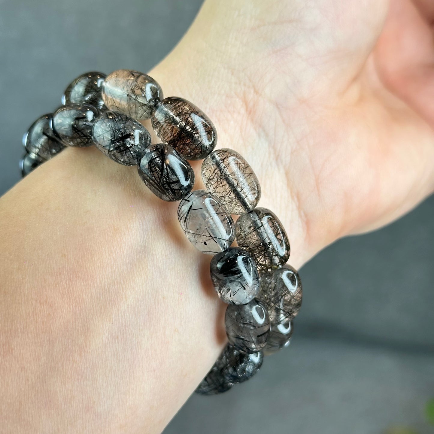 Natural Black Rutilated Quartz Lu Thong Bracelet Size 10.3-10.5 mm