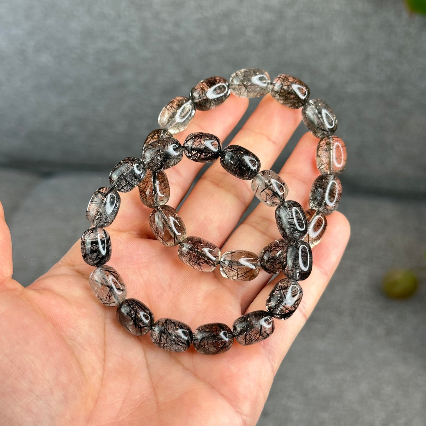 Natural Black Rutilated Quartz Lu Thong Bracelet Size 10.3-10.5 mm