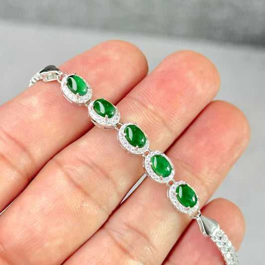 5 Stone Oval Halo Jadeite Jade Bracelet in Silver 925 Setting