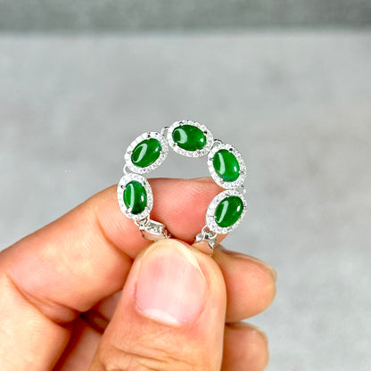 5 Stone Oval Halo Jadeite Jade Bracelet in Silver 925 Setting