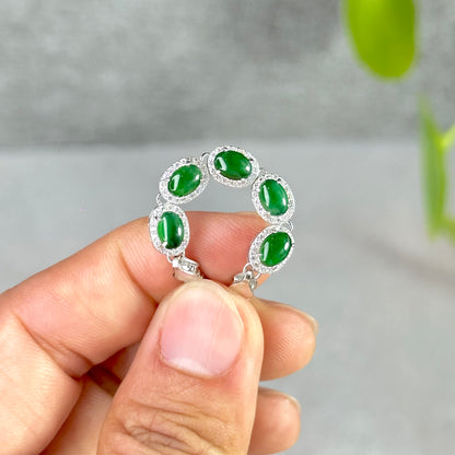 5 Stone Oval Halo Jadeite Jade Bracelet in Silver 925 Setting