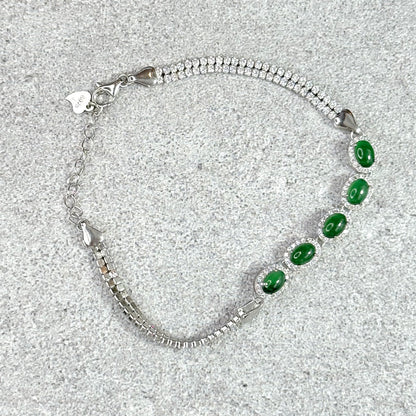 5 Stone Oval Halo Jadeite Jade Bracelet in Silver 925 Setting