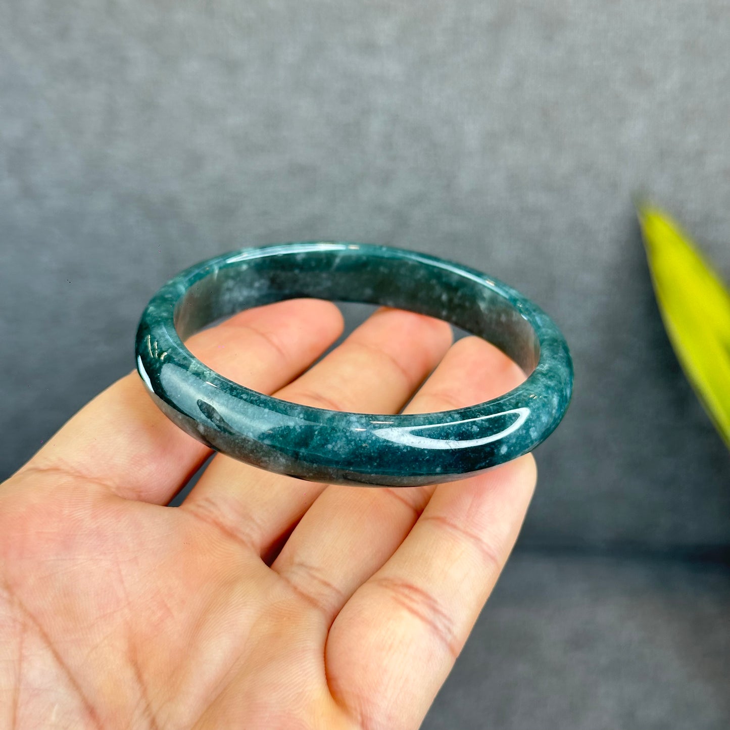 Natural Dark Blue Water Jadeite Jade Banlge Leaf Style Size 60.5 mm