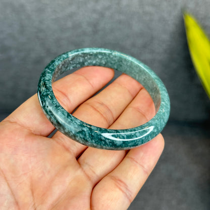 Natural Dark Blue Water Jadeite Jade Banlge Leaf Style Size 56.5 mm