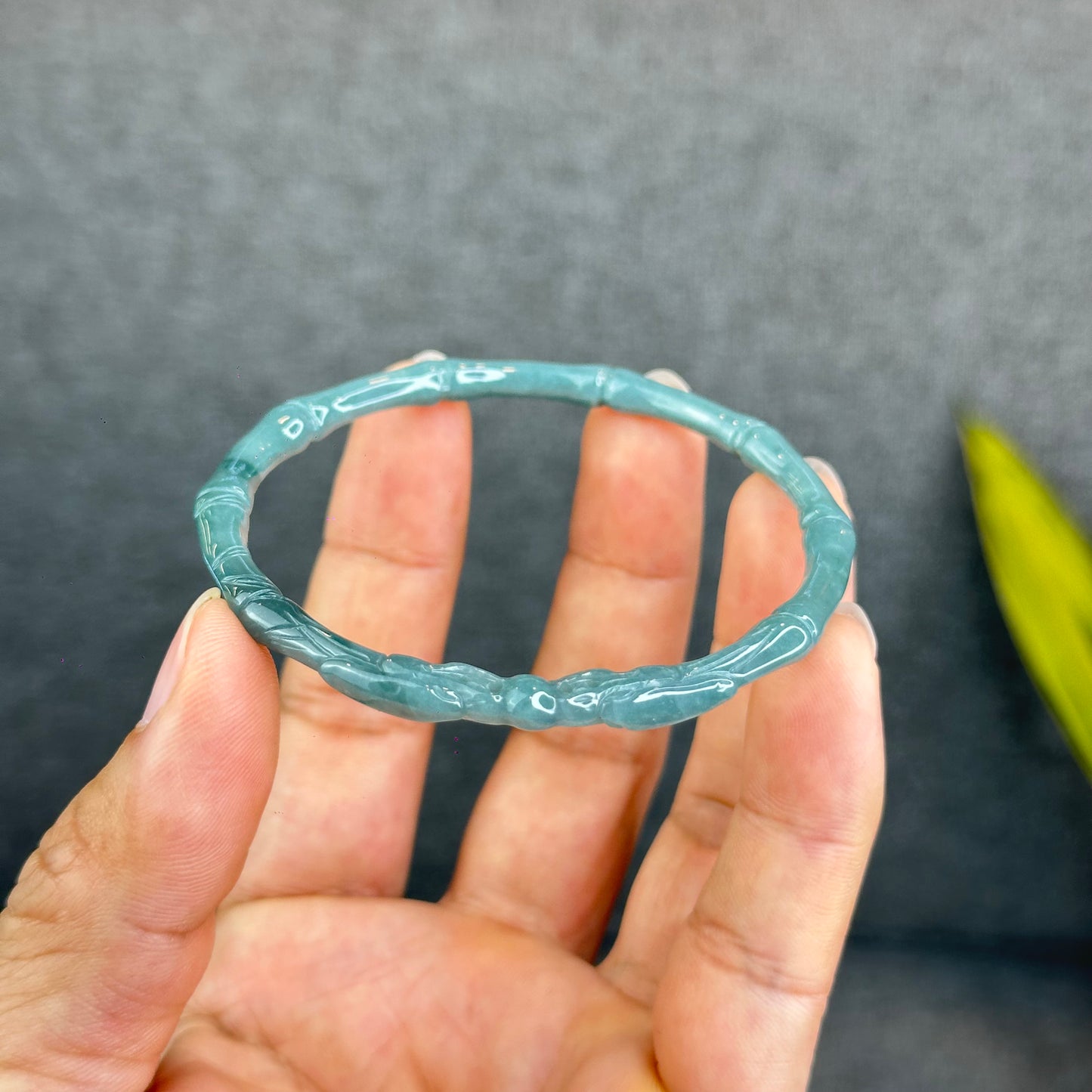 Natural Blue Water Jadeite Jade Bamboo with Dragon Bangle Chopstick Style 61.4 mm