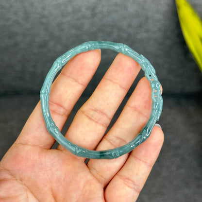 Natural Blue Water Jadeite Jade Bamboo with Dragon Bangle Chopstick Style 61.4 mm