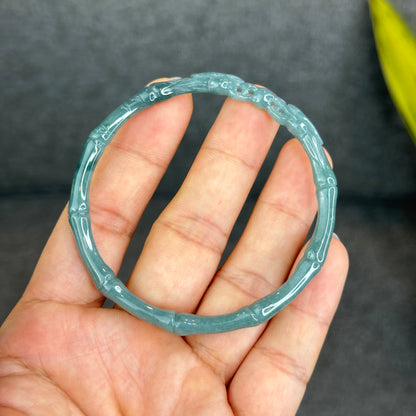 Natural Blue Water Jadeite Jade Bamboo with Dragon Bangle Chopstick Style 61.4 mm