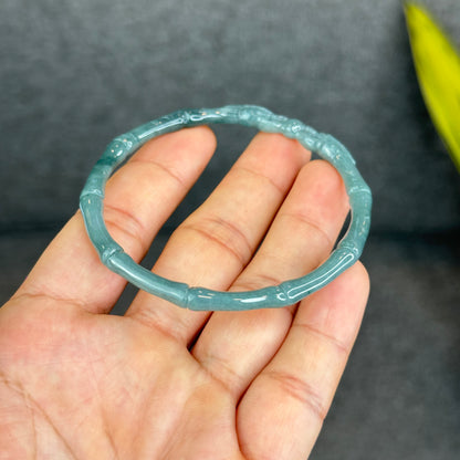 Natural Blue Water Jadeite Jade Bamboo with Dragon Bangle Chopstick Style 61.4 mm