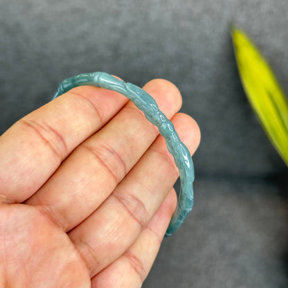 Natural Blue Water Jadeite Jade Bamboo with Dragon Bangle Chopstick Style 61.4 mm