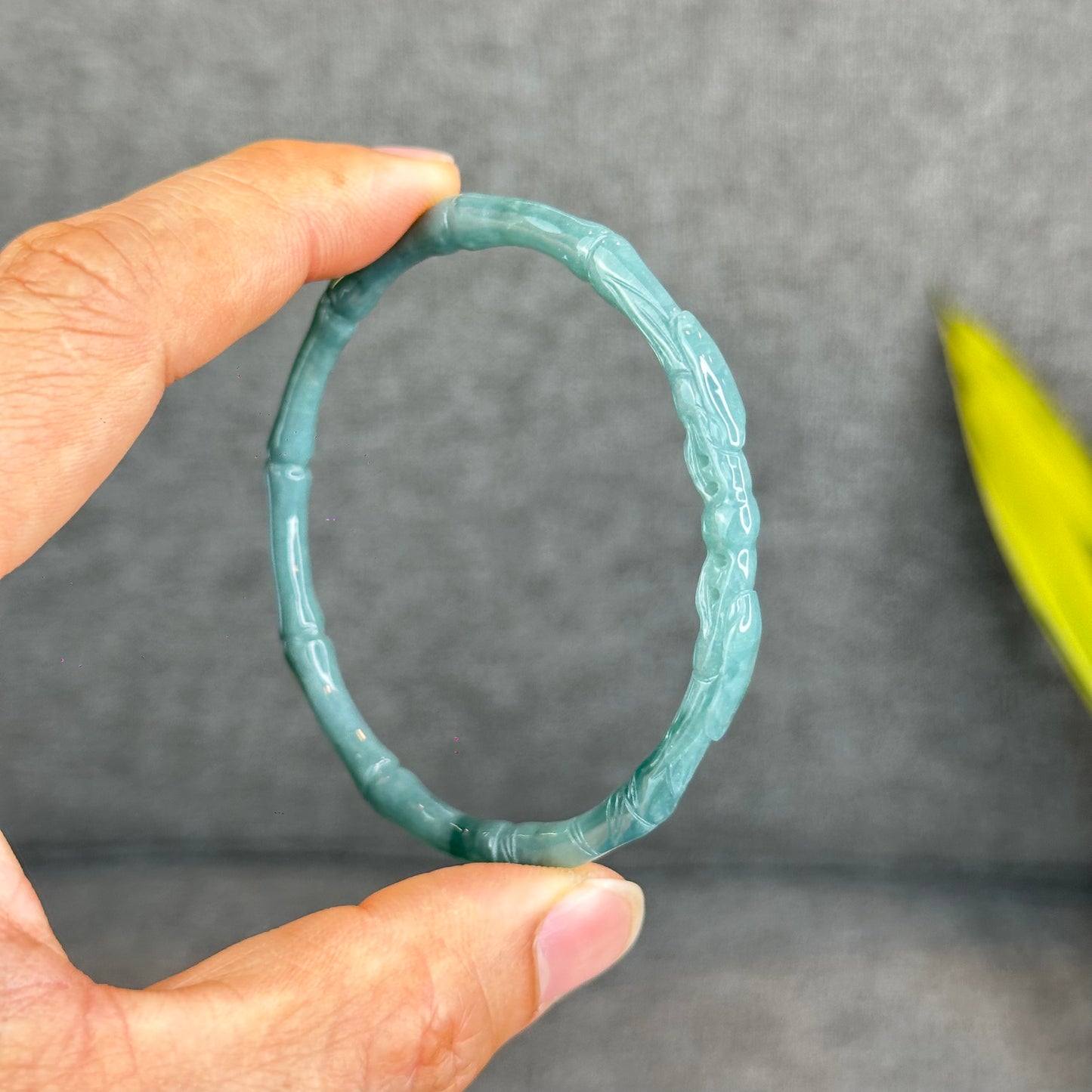 Natural Blue Water Jadeite Jade Bamboo with Dragon Bangle Chopstick Style 61.4 mm
