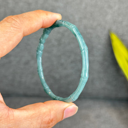Natural Blue Water Jadeite Jade Bamboo with Dragon Bangle Chopstick Style 61.4 mm