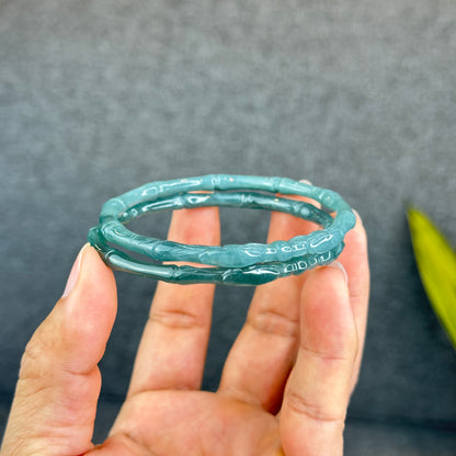Natural Blue Water Jadeite Jade Bamboo with Dragon Bangle Chopstick Style 61.4 mm