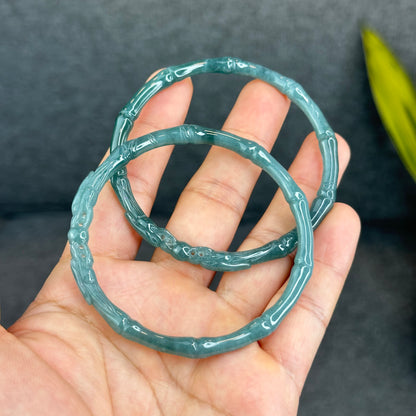 Natural Blue Water Jadeite Jade Bamboo with Dragon Bangle Chopstick Style 61.4 mm