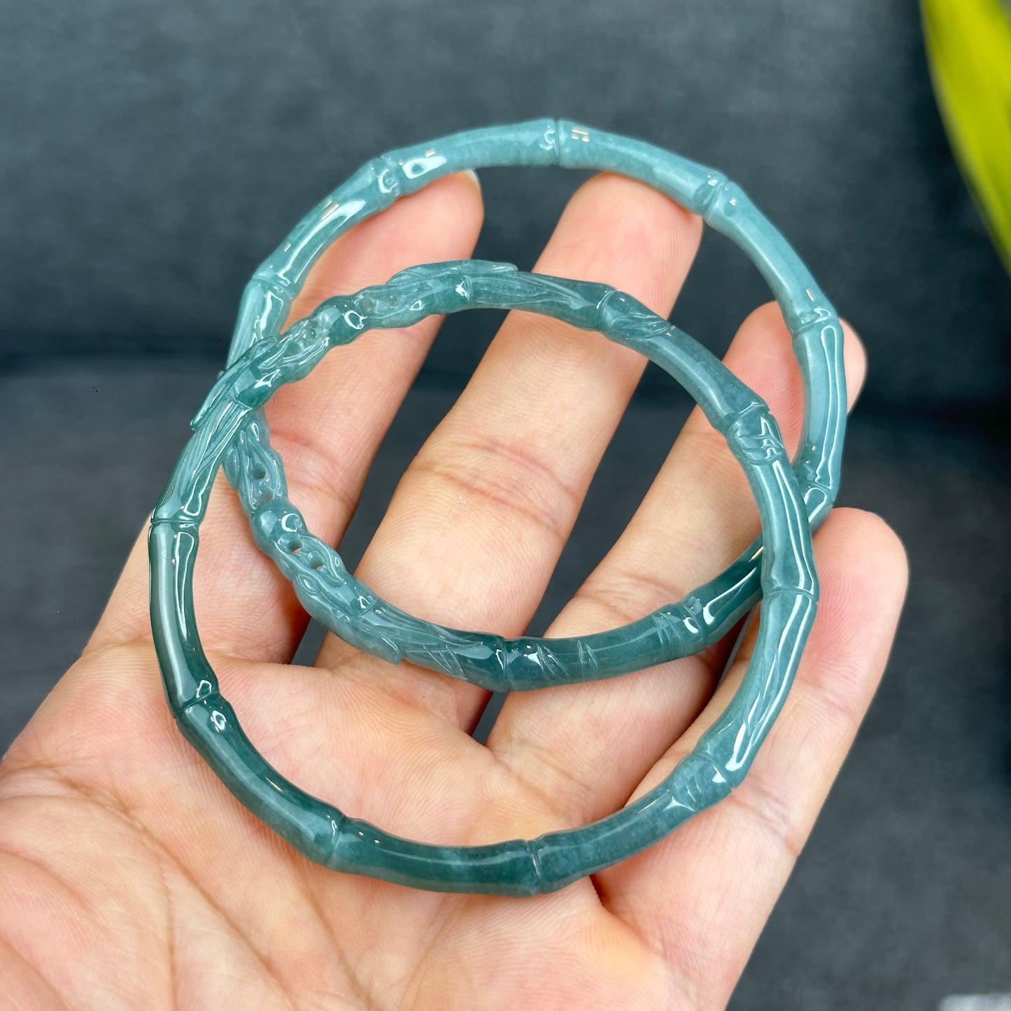 Natural Blue Water Jadeite Jade Bamboo with Dragon Bangle Chopstick Style 61.4 mm