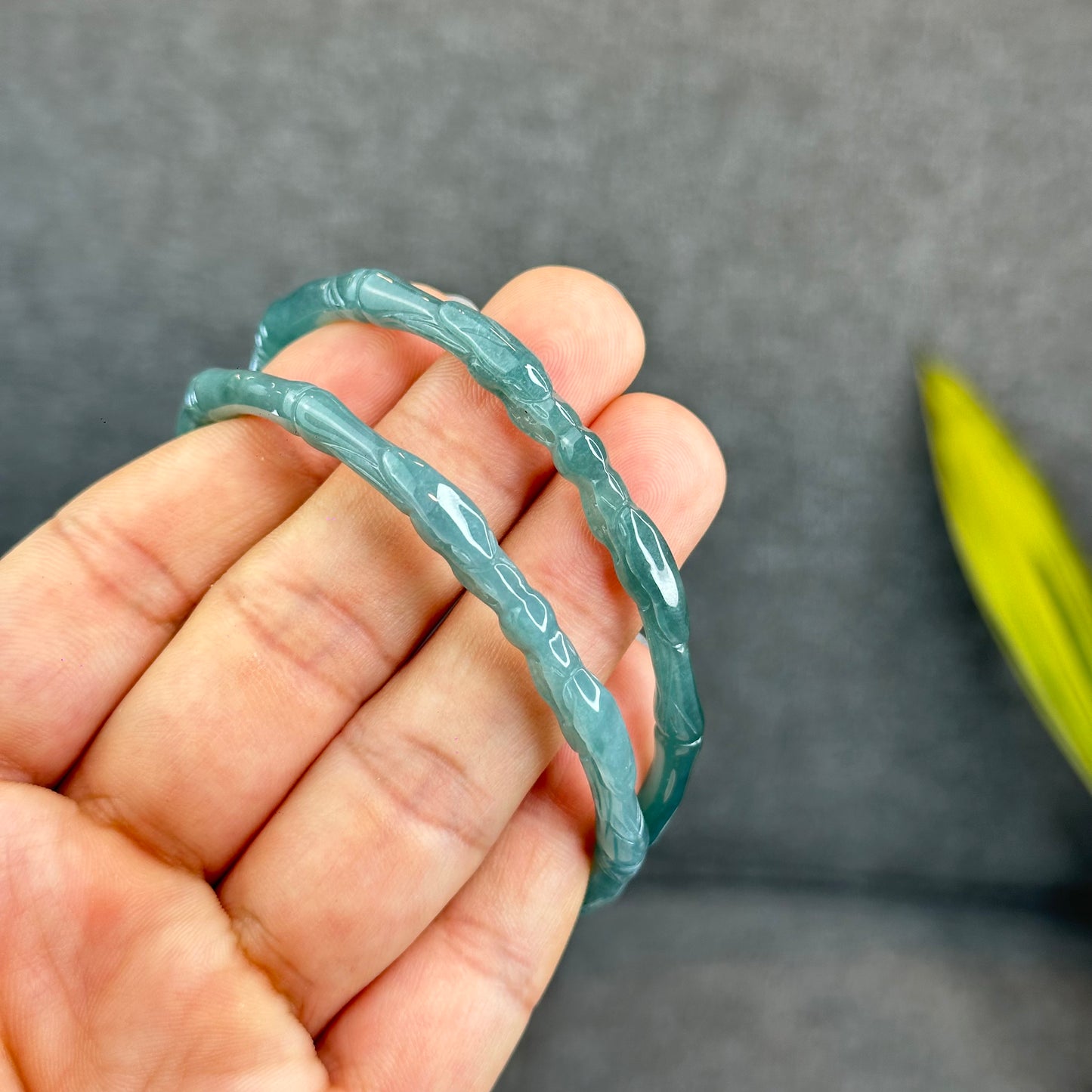 Natural Blue Water Jadeite Jade Bamboo with Dragon Bangle Chopstick Style 61.4 mm