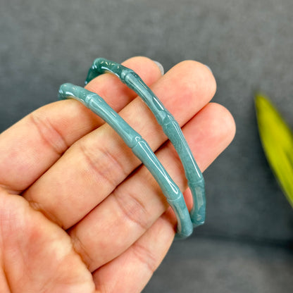 Natural Blue Water Jadeite Jade Bamboo with Dragon Bangle Chopstick Style 61.4 mm