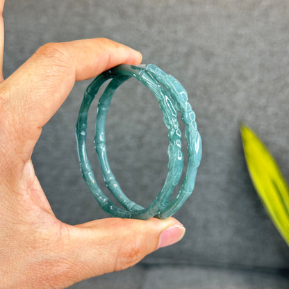 Natural Blue Water Jadeite Jade Bamboo with Dragon Bangle Chopstick Style 61.4 mm
