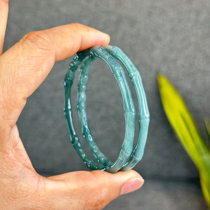 Natural Blue Water Jadeite Jade Bamboo with Dragon Bangle Chopstick Style 61.4 mm