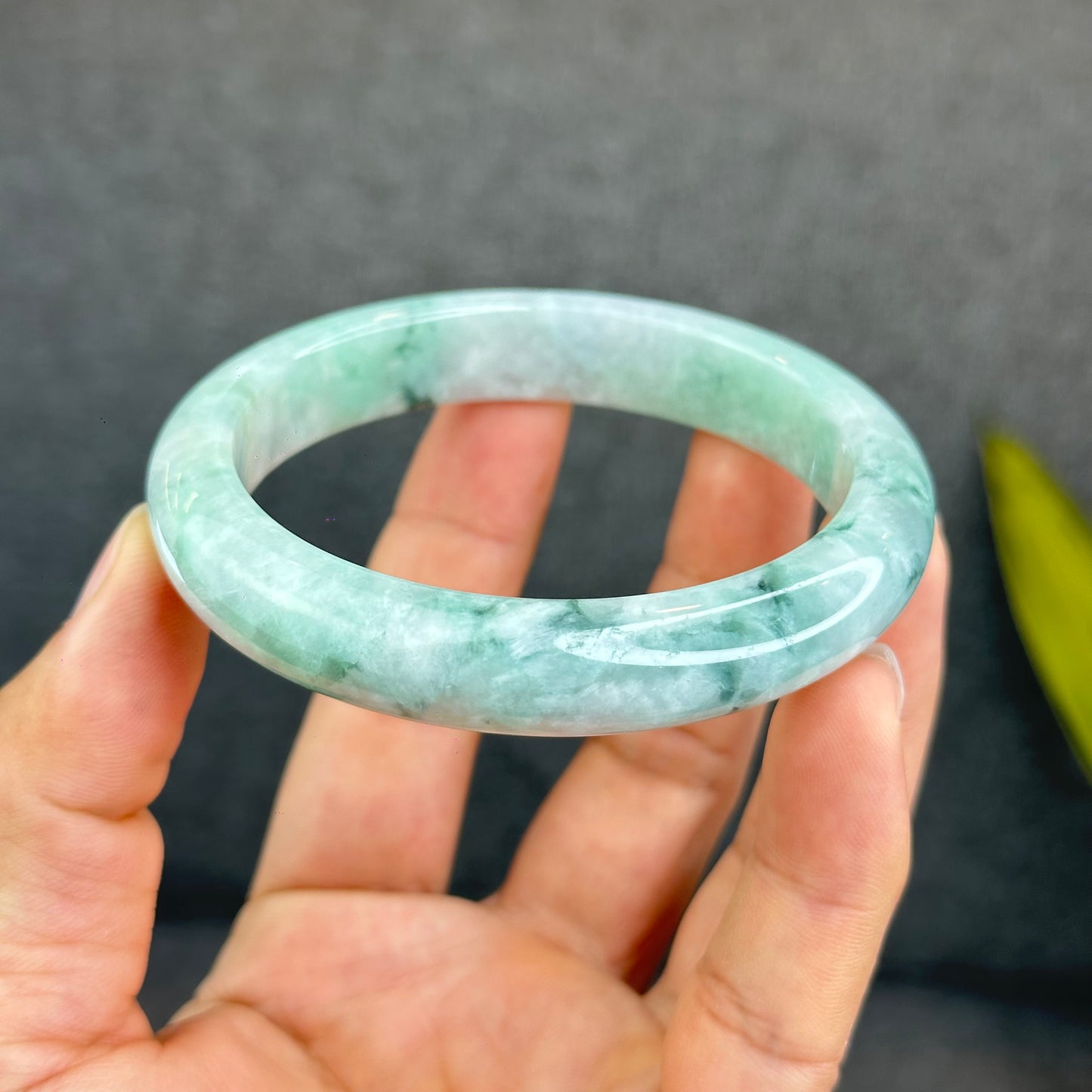Natural Light Green Jadeite Jade Bangle Leaf Style Size 62 mm