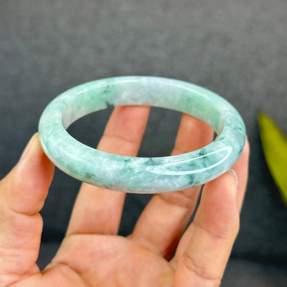 Natural Light Green Jadeite Jade Bangle Leaf Style Size 62 mm