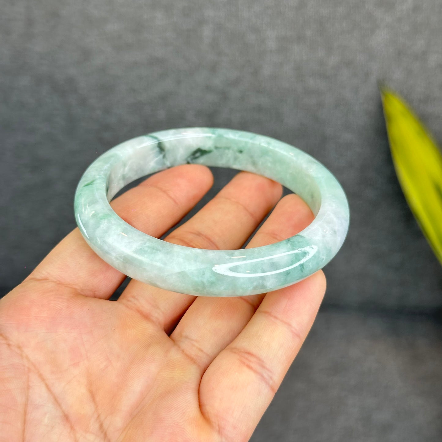 Natural Light Green Jadeite Jade Bangle Leaf Style Size 62 mm